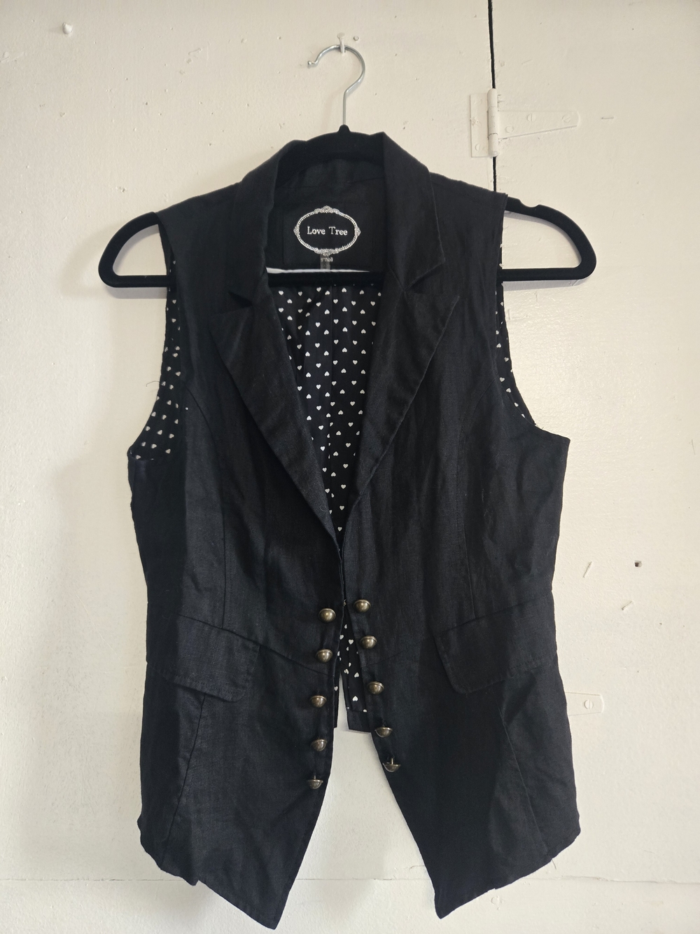 Linen Love Tree Black Sleeveless Button-Front Vest